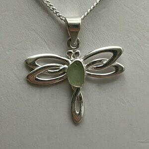 Sterling Silver and Sea Foam Green Seaglass Dragonfly Pendant Necklace